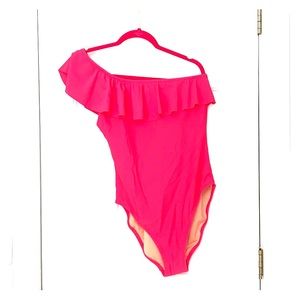 J crew One Shoulder Ruffle Pink One Piece Swimsuit